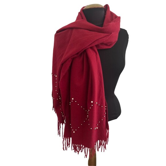 Jessica McClintock Dark Red Shawl With Pearl/Silver Ball Accents - Picture 7 of 8